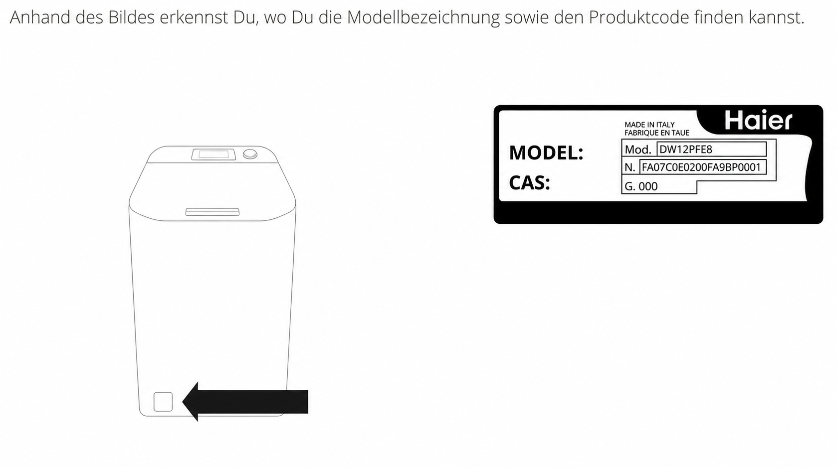 Produktplakette und Seriennummer finden - Toplader